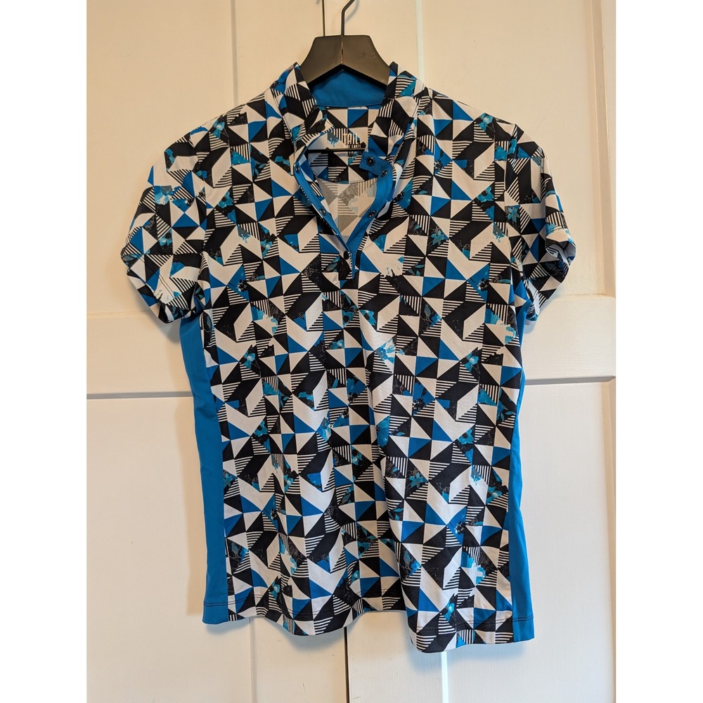 Tail Women's Golf Polo Shirt Medium Blue Black White Geometric Print Snap Neck